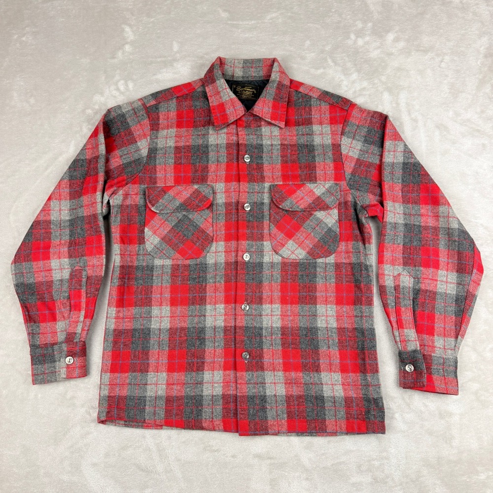 VTG Sportsman Cal-Made Flannel Shirt Men S Red Grey Plaid Woolynella 50s-60s USA